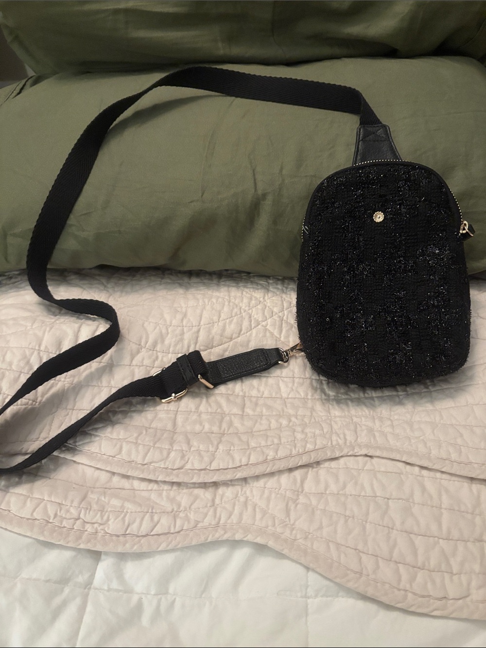 LC Black Tweed Crossbody Bag with Adjustable Strap